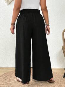SHEIN Frenchy 大码女式纯色腰带开衩阔腿裤 - 黑色 - 查看 3