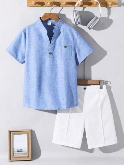SHEIN Teen Boys Casual V-Neck Short Sleeve Shirt And Shorts Set, Comfortable, Fashionable, Versatile, Soft Fabric, Suitable For Daily Wear, School, Outings, Music Festivals, Holidays, Parties, Summer Beach Vacations, Summer Vibes, Festivals Boys Blue Short Set Boy Linen Outfit Boys Sky Blue And White Sets Boys Summer Outfit Preppy