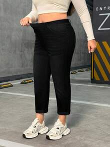 Flexra Quần jean ống đứng dệt kim dáng rộng dành cho nữ cỡ lớn - màu đen - Xem 5