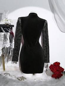 Elamini Vestido mini de mujer de terciopelo con patchwork y ajuste ceñido, estilo chino, adecuado para Navidad, otoño/invierno - Negro - Ver 2