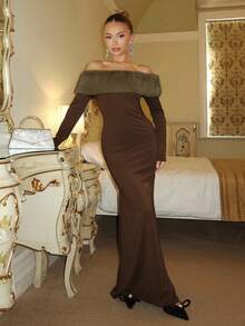 Glamine Charm 棕色露肩毛绒长袖连衣裙，尽显优雅气质，适合舞会、锐舞派对、街头风、演唱会、夜店、约会、生日、秋冬等各种场合，是派对必备单品，也是圣诞节、情人节、新年、婚礼等场合的理想之选。 - 咖啡 - 查看 5