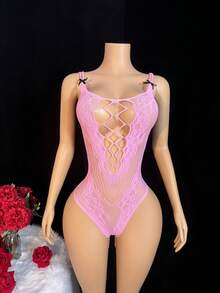 ChaseTheNight Plus Size Women's Sexy Hollow Out Mesh Sleeveless Bodysuit - Pink - View 3