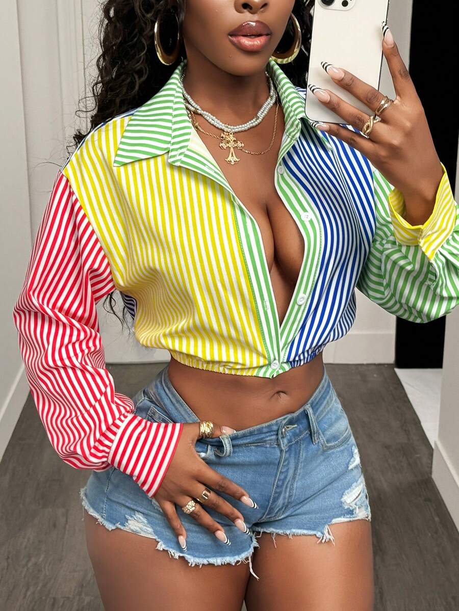 BamGleam Áo sơ mi nữ tay dài kẻ sọc, cài một hàng khuy, dáng ngắn, phong cách thường ngày. - Nhiều màu - Xem 1