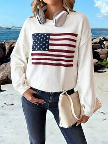SoleilVie Usa Flag Design Drop Shoulder Sweater,Long Sleeve Tops Knit Pullover Fall Winter Sweater - White - View 6