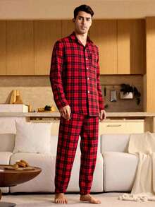 Velminro Men's Contrast Plaid Long Sleeve Pajama Set Shirt And Pants Set Men Men Pajama Set - Red - View 1