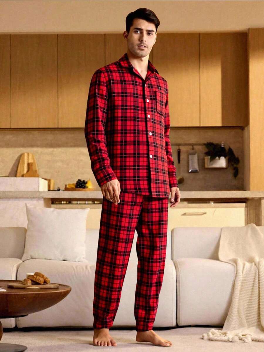 Velminro Men's Contrast Plaid Long Sleeve Pajama Set Shirt And Pants Set Men Men Pajama Set - Red - View 1