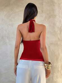 Aloruh Women's Elegant Multi-Layer Ruffle Trim Stand Collar Fitted Tank Top - Red - View 3