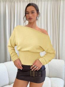 Aloruh Áo len nữ mùa thu/đông, hở vai, bất đối xứng, tay dài, ôm sát, chất liệu gân sọc. - Màu vàng - Xem 7