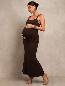 MaterniChic 孕妇纯色吊带串珠修身简约长裙 - 黑色 - 查看 4