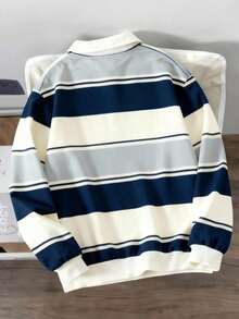 Manfinity Joysei Men's Casual Blue Striped Button Collar Sweatshirt, Versatile For Daily Wear Rugby Shirt Polo Rugby Long Sleeve For Men Striped Polo Shirt Polo Shirts For Men Long Sleeve - Blue - View 2