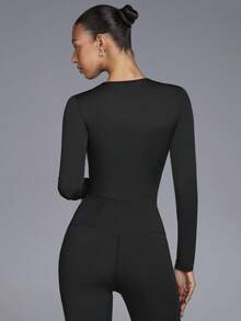 Menodora SHEIN Sport 女士字母印花圆领长袖休闲连体衣 - 黑色 - 查看 2