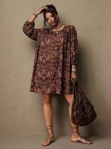 Freevana Vestido feminino plus size estilo boêmio vintage marrom com estampa retrô, mangas 3/4 e detalhes florais, ideal para festivais de música no início da primavera. - Castanho - Ver 7