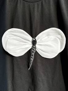 SHEIN 少女蜻蜓图案黑色圆领短袖休闲百搭T恤 - 黑色 - 查看 4