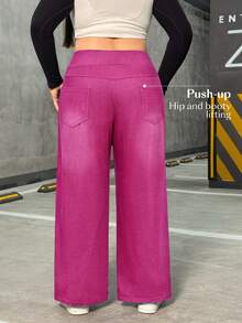 EMERY ROSE Jeans de pierna ancha de novio de punto elástico de talla grande - Rosa Fucsia - Ver 2