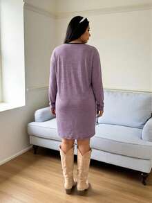 SHEIN LUNE 大码女士休闲条纹圆领长款T恤裙，秋季情人节女士连衣裙，商务休闲女士度假装，端庄连衣裙，机场装，波西米亚风连衣裙，度假装，夜店装，热带风情连衣裙，春夏生日装，狂欢节装 - 彩色 - 查看 5