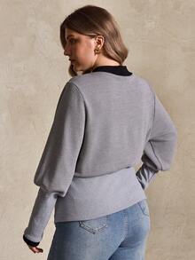 Elegantrix Plus Size Women Colorblock Waist Trim Casual Cardigan Top, Autumn/Winter - Grey - View 2
