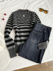 SHEIN Unity Women's Simple Casual Vintage Striped Sweater - Multicolor - View 1