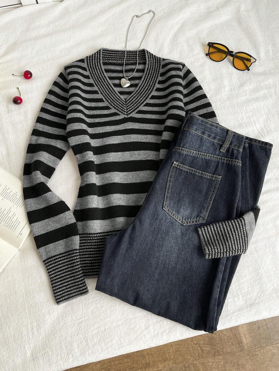 SHEIN Unity Women's Simple Casual Vintage Striped Sweater - Multicolor - View 1