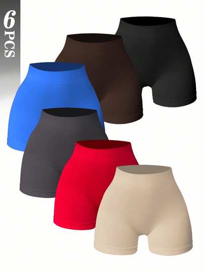 Velisys 6pcs Sports Shorts Set, Black, Dark Grey, Dark Coffee, Red, Khaki, Navy, Elastic Waist, Seamless Knit, Comfortable For Yoga, Fitness, Outdoor