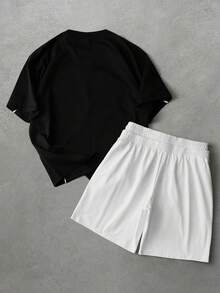 PAVTROS 男士休闲印花短袖T恤套装 - 黑與白 - 查看 2