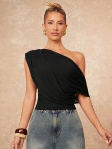 Lumalex And High-End Women's Casual Daily Commuting Elegant Solid Color Waist Asymmetric Shoulder Ruched Elegant Top, Business Casual,Spring/Summer Old Money Style - Black - View 7