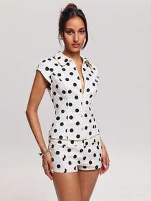 SHEIN BAE Spring/Summer Women's Casual Resort Wear Black & White Polka Dot Print Front Zipper Shirt Top Versatile, Perfect For Commuting And Everyday Wear, Hanging Out With Friends, Or Casual Outings. White Polka Dot Shirt Top, White Polka Dot Top, Workwear, Practical And Slimming Top, Black And White Polka Dots, Casual Streetwear Top. - White - View 5
