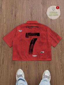 Manfinity Roghcode Plus Size Men's Loose Faux Striped Distressed Black & Red Printed Short Sleeve Shirt - Red - View 1