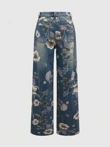 ROMWE PETITE Quần jean ống rộng dáng rộng in hoa cổ điển nhỏ nhắn dành cho nữ - Màu xanh lam - Xem 2