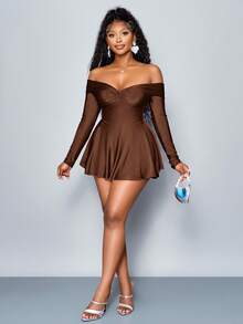 SOLERSUN Women's Winter Clothes Elegant Commuting Valentine's Day New Year's Party Women's Autumn Winter Women's Sexy One Shoulder Jumpsuit, Waist Slim Fit Ruffle Angra Red Mini Fake Skirt Jumpsuit, - Brown - View 6