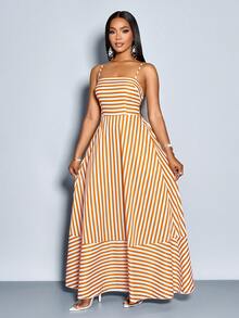 SOLERSUN فستان ماكسي مخطط مع أربطة الكتف، جيوب، وتجميع الصدر، مناسب للعطلات، الشاطئ، التنقل، والارتداء اليومي العادي (زهور عشوائية) - لون برتقالي - مشاهدة 3