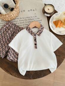SHEIN 2pcs/Set Young Boys Casual Comfortable Retro College Pattern Full Print Shorts & White Short Sleeve Polo,Summer,School,Back-To-School Fashion Outfit - White - View 5