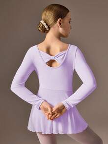 SHEIN 少女长袖粉色芭蕾舞裙，圆领前片褶皱设计，后背可爱蝴蝶结，柔软轻盈的网纱裙摆，裆部按扣设计，高弹亲肤，适合舞蹈、瑜伽和运动穿着。 - 淡紫色 - 查看 3