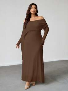 Firerie 大码女式优雅休闲度假约会派对下午茶精致迷人ins风时尚褶皱露肩披肩不对称下摆弹力长袖连衣裙 - 咖啡棕 - 查看 5