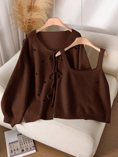 CosyJoli 大码女式心形刺绣系带开衫和吊带针织上衣休闲套装