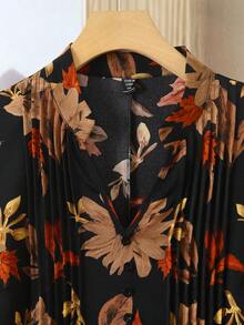 Lacomfia 大码女式黑色印花衬衫，小立领，前中开襟设计，宽松版型 - 彩色 - 查看 6