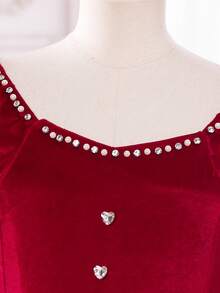 Mädchen Neues Samt Rotes Weihnachtskleid mit Schleife, geeignet für Herbst/Winter, hochwertige Qualität, weiches Samtmaterial, Perlenkragen mit quadratischem Ausschnitt, geeignet für Weihnachten und Alltagsanlässe - Rot - Übersicht 4