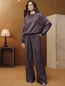 Anewsta Vintage Washed Light Blue Casual Sweatpants With Handcrafted Rhinestone Embellishments For Women - Purple - View 4