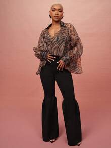 Vixey Solid Elegant Flare Leg Rib Knit Sweater Pants - Black - View 3