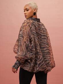 Vixey Sheer Animal Print Hi Low Hem Long Sleeve Organza Top - Multicolor - View 2