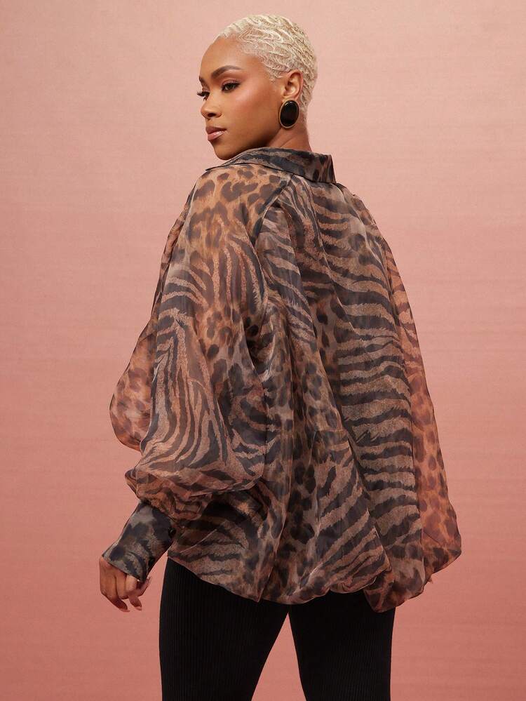 Vixey Sheer Animal Print Hi Low Hem Long Sleeve Organza Top - Multicolor - View 2