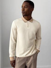 HUEFORM 男士 Ole Money 长袖纹理面料撞色 Polo 衫，适合外出和通勤穿着，杏色针织 Polo 衫，纽扣款 - 杏色 - 查看 3