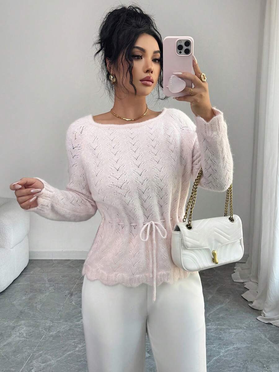 Rafferiza Women's Hollow Out Drawstring Knit Pullover Sweater Knit Tops Knit Top Women Lace Long Sleeve Sweater Sets For Women Knit Two Piece Set - Pink - View 1
