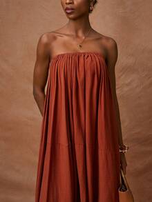 Zivah Women's Elegant Rust Brown Summer Dress,Strapless Ruched Waist Gathered Ruffle Maxi Dress,Boho Loose Solid Color Holiday Vacation Party Midi Dress - Brown - View 8