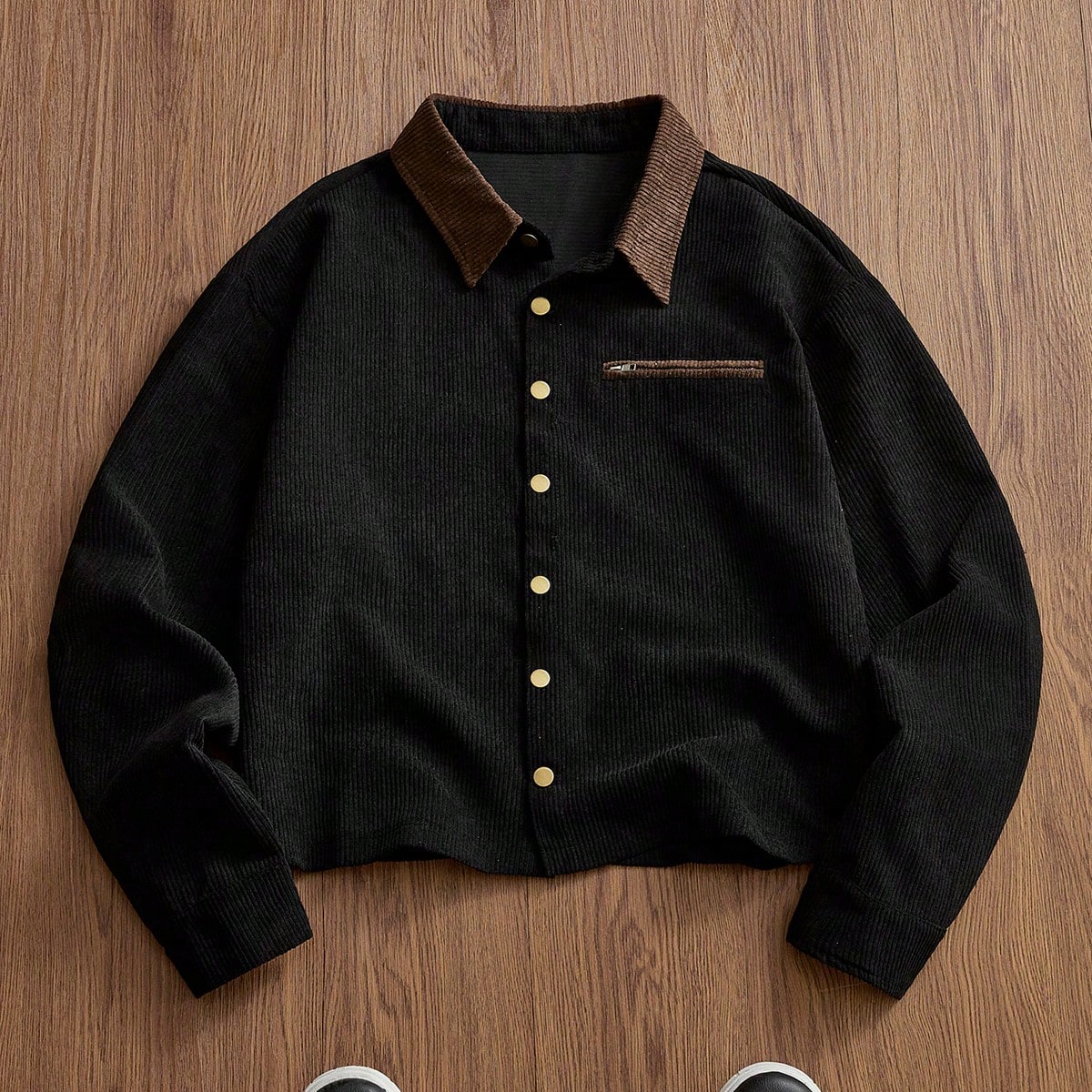 Chaqueta informal de pana de manga larga con cuello de contraste y parches de color para hombres de talla grande