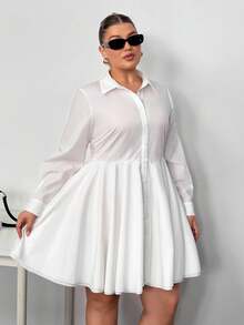 Truni 大码纯色前开襟休闲百搭长袖连衣裙/秋冬 - 白色 - 查看 6