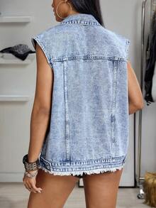 Jeanoix Y2K Women's Single-Breasted Casual Loose Versatile Frayed Denim Vest Jacket - Light Wash - View 3