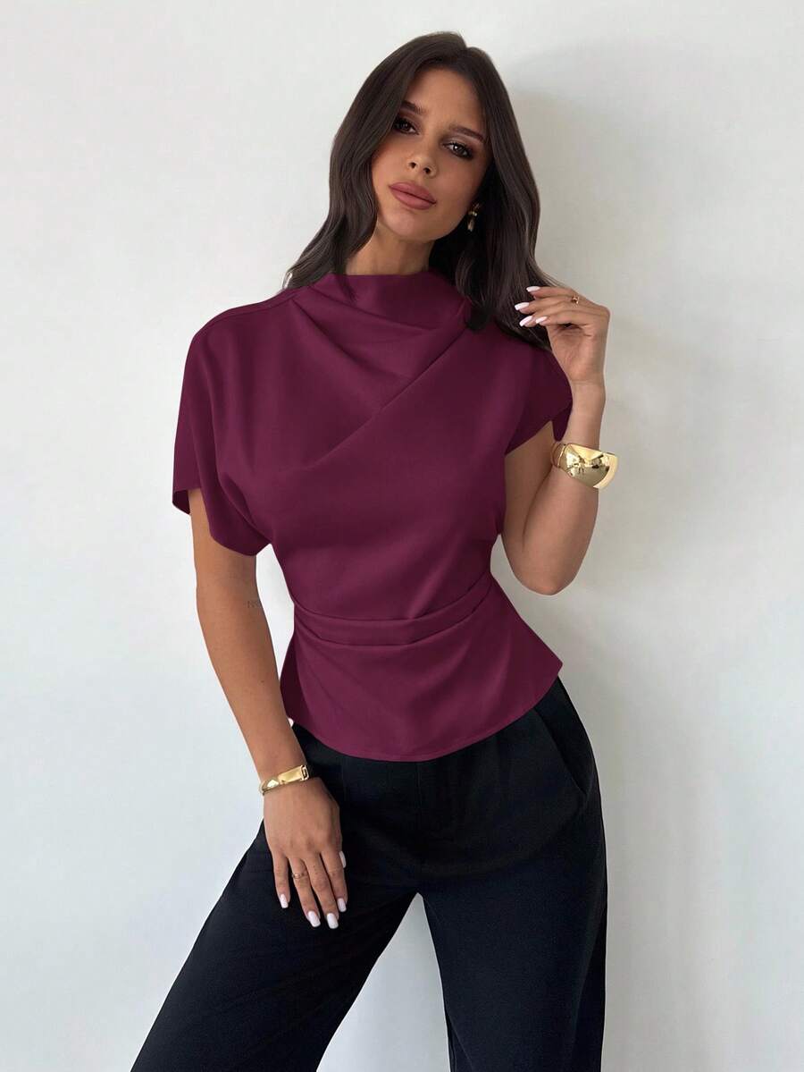 Firerie Crinkle Collar Asymmetrical Sleeve Side Ruched Cinched Waist Commuter Apricot Bamboo Linen Fabric Women Shirt, All Season - Red Violet - View 1