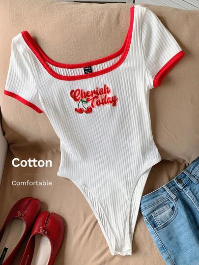 Comfortcana Summer Casual Red And White Fruit Printed Bodysuit For Women Valentine's Day