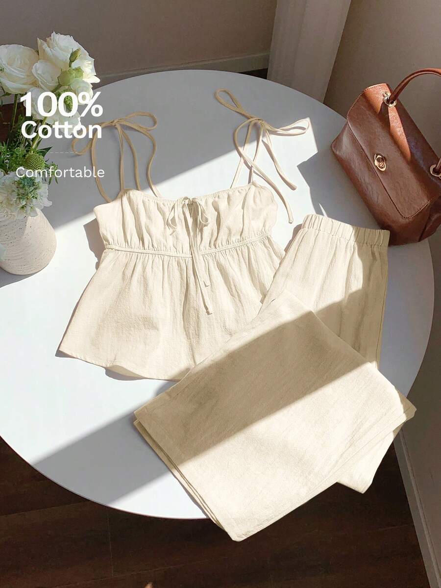 Comfortcana 2件套亚麻吊带背心和长裤套装，夏季 - 米色 - 查看 1