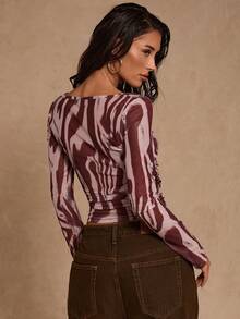 Glamine Ink Dye Mesh Print Square Neck Sheer Women Long Sleeve T-Shirt Cowgirl Top Square-Neck Mesh Fitted Longline Sleeveless Top Spring/Autumn  Night Out Elegant Sexy Party Occasion Elegant Holidays Zebra Print Top Patterned Long Sleeve Top - Multicolor - View 2